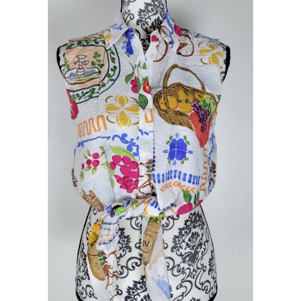Rachel Zoe Printed Sleeveless Blouse XS Button Up Tie Waist Multicolor